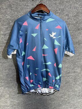 Frog Logo Cycling Jersey Mens 2XL Blue Geometric Full Zip Short Sleeve Pockets